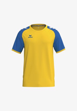 Maglia sportiva gialla con maniche blu, rifiniture gialle, logo Erima sul petto sinistro e strisce bianche a forma di chevron sulle spalle.