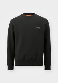 Felpa nera in cotone con scollo girocollo a coste, maniche lunghe e piccolo logo viola sul petto. Tessuto liscio, vestibilità standard.