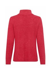Roter Strickpullover mit hohem Kragen, langen Ärmeln und geripptem Saum. Die Textur wirkt weich und gemütlich mit einem leichten Melange-Effekt.