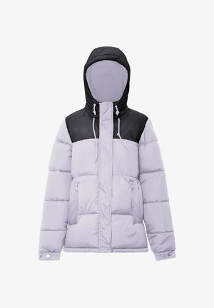 Puffjacke in Hellgrau mit einem schwarzen Oberteil. Sie verfügt über eine Kapuze, seitliche Reißverschlusstaschen und eine gesteppte Textur.