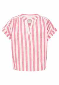 Top a maniche corte a righe rosa e bianche con colletto alla mandarino e vestibilità morbida. Realizzato in tessuto leggero con una finitura testurizzata.