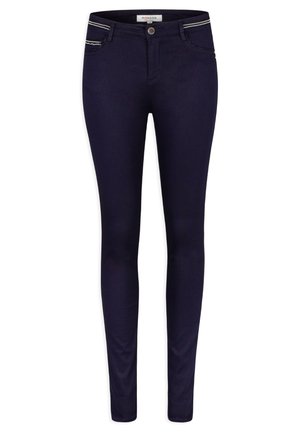 Navy blue skinny jeans made from stretch fabric, featuring a front button closure, zippered pockets, and textured waistband accents.