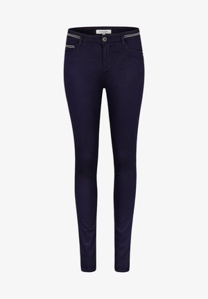Navyblauwe skinny jeans van rekbare stof, met een voorste knoopsluiting, ritszakken en accentueringen op de tailleband.