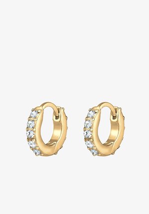 Boucles d'oreilles en or en forme de cerceau, présentant une finition lisse et ornées de strass transparents sur un côté. Forme arrondie avec une fermeture à charnière.