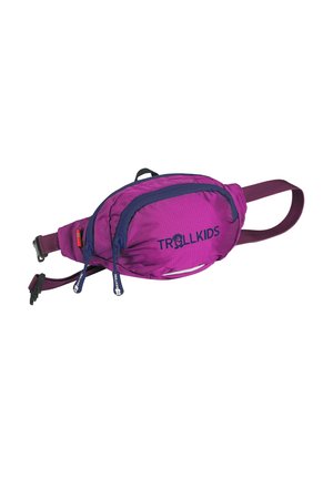 Purple waist bag with two zippered compartments and adjustable strap, labeled "Trollkids" on the front pocket.