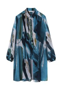 Langärmliges Hemd aus leichtem Stoff mit einem blauen und grünen abstrakten Muster, mit Kragen und durchgehender Knopfleiste.