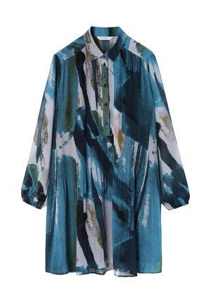 Langärmliges Hemd aus leichtem Stoff mit einem blauen und grünen abstrakten Muster, mit Kragen und durchgehender Knopfleiste.