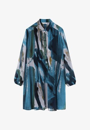 Majica dugih rukava od lagane tkanine sa plavim i zelenim apstraktnim uzorkom, s ovratnikom i kopčanjem sprijeda.