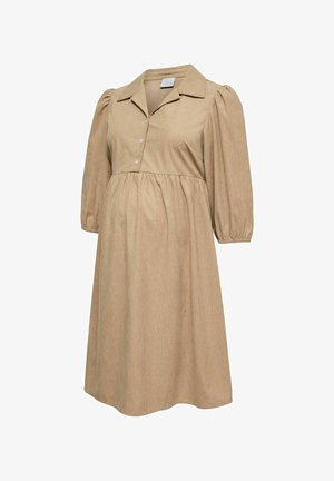 Robe midi en velours côtelé beige avec manches bouffantes trois-quarts, taille froncée, col chemise et patte de boutonnage à l'avant.