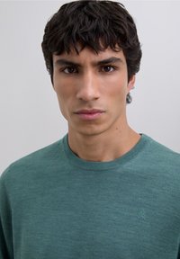 Grön stickad tröja med rund hals och subtil textur, med en liten broderad logotyp på bröstet. Mjuk tygfinish.