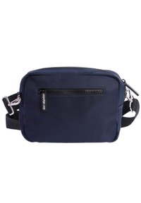 Bolso cruzado de color azul marino hecho de un tejido duradero. Cuenta con un bolsillo delantero con cremallera y una correa ajustable para mayor comodidad.
