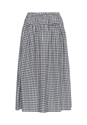Gonna a vita alta, lunga fino alla caviglia, con motivo a quadretti blu navy e bianco, tessuto arricciato sotto la vita per creare volume.
