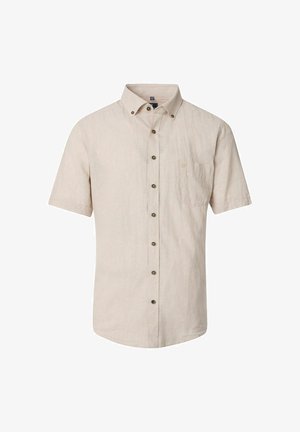 Beige kortærmet skjorte med knapper, forlommer og knaplukket krave, vist på hvid baggrund.