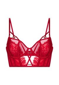 Rød blonde-bralette med gennemsigtige paneler, justerbare satin-stropper og geometriske udsparinger. Har et struktureret design og en hægte-lukning.