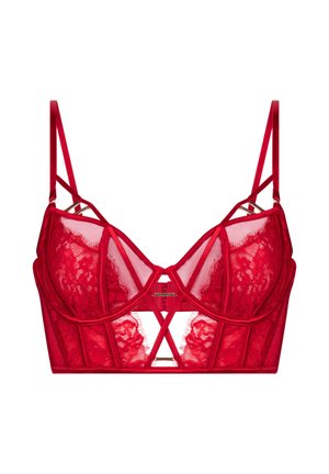 Rode kant bralette met doorzichtige panelen, verstelbare satijnen banden en geometrische uitsparingen. Kenmerkt zich door een gestructureerd ontwerp en een haaksluiting.