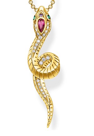 Goldener schlangenförmiger Anhänger mit grünen Augen, einem großen rosa tropfenförmigen Edelstein und kleinen klaren Diamanten entlang seines gewundenen Körpers an einer Kette.