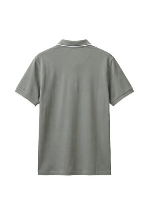 Plain gray short-sleeve polo shirt with white trim on collar and sleeve edges, shown from the back.