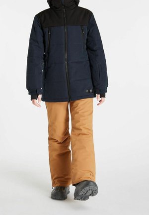 Snow jacket features a navy blue body with black upper section, front zippers, and orange pants with a smooth texture and functional design.