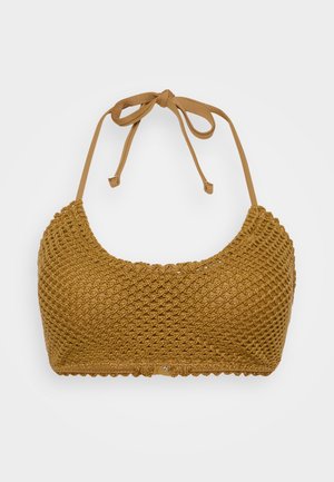 Top de bikini croșetat, de culoare galben muștar. Are un model texturat, țesut și dantele ajustabile la gât pentru o ajustare personalizată.