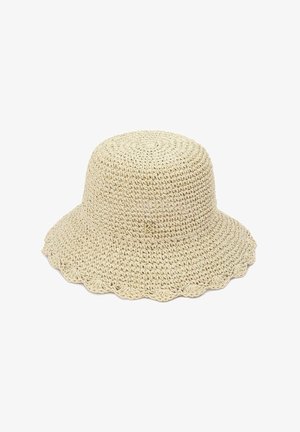 Pălărie tip bormașină croșetată bej, cu bor larg ușor ondulat.
