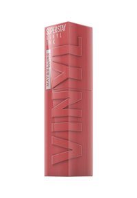 Maybelline Super Stay Vinyl Ink, conteneur rectangulaire en rouge mat avec du texte "VINYL" en relief, présente un design élégant et un branding minimaliste.