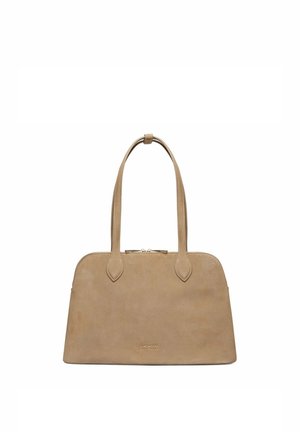 Béžová kožená kabelka přes rameno se dvěma uchy, zaoblenými horními okraji a zlatým zipem, s malým zlatým nápisem značky Gino Rossi.