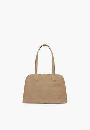 Sac bandoulière en cuir beige avec deux poignées, bords supérieurs arrondis et fermeture éclair dorée, marqué du nom Gino Rossi en petites lettres dorées.