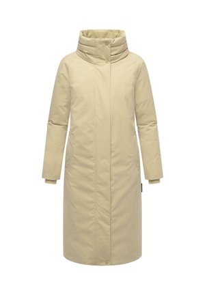 Beige lång kappa med hög krage, dragkedjesluss och sidofickor. Tillverkad av ett glatt, isolerat tyg. Har en åtsittande detalj vid ärmsluten.