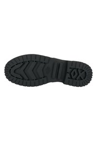 Zwarte rubberen schoenzool met een robuust loopvlak met zigzag- en verticale groeven voor grip. Vlak profiel en stevige constructie.