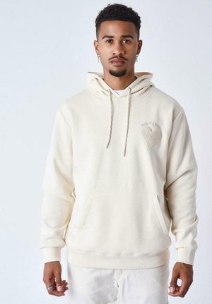 Sudadera con capucha de mezcla de algodón en color crema, que presenta un bolsillo canguro frontal, puños acanalados y un detalle bordado de corazón en el pecho.