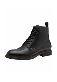 Bottes noires en cuir jusqu'à la cheville avec une finition lisse, bout rond, système de laçage, petite languette à l'arrière et talon empilé avec des détails de couture.