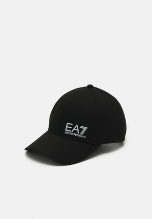 Black baseball cap made of fabric with a curved brim. Features white EA7 Emporio Armani logo on the front. Structured design with a top button.