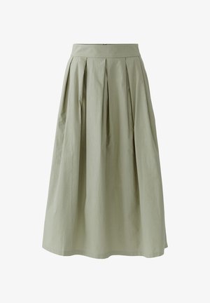 Knee-length light olive green skirt with wide waistband and front pleats, made of smooth, slightly structured fabric.