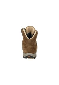 Braune Wildleder-Wanderstiefel mit gepolstertem Kragen, Gummisohle und verstärktem Absatz. Merkmale ein schlichtes Design mit minimalen Nähdetails.