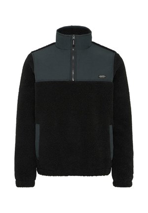 Mikina z fleecu s vysokým golierom, s čiernou nadýchanou textúrou, hladkým tmavosivým materiálom na pleciach a polovičným zapínaním na zips vpredu.