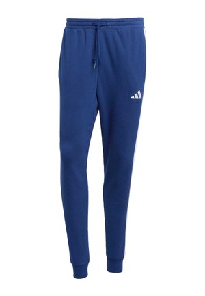 Blauwe sweatpants met een trekkoord in de taille, taps toelopende benen en een wit Adidas-logo op de linker dij. Gemaakt van zachte, gestructureerde stof.