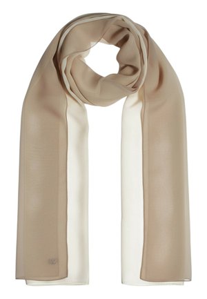 Sciarpa leggera color marrone chiaro e beige con un dettaglio logo sottile e lucido vicino al bordo inferiore, leggermente annodata nella parte superiore.