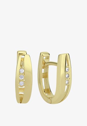 Boucles d'oreilles créoles ton or avec un design élégant, trois accents en cristal clair sur un côté, et une finition polie.