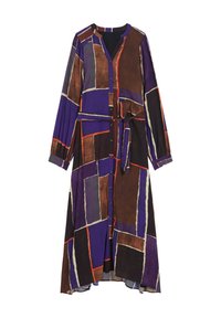 Abito lungo con bottoni e cintura. Presenta un motivo geometrico nei colori viola, marrone e bianco, realizzato in un tessuto leggero. Maniche lunghe.