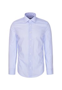 Chemise habillée homme bleu clair à manches longues avec fermeture boutonnée devant et col pointu, affichée sur un fond blanc uni.