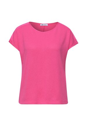 Hellrosa kurzärmlige Bluse mit rundem Halsausschnitt und lockerem Schnitt, aus glattem Stoff mit kleinem Markenlabel am Kragen.