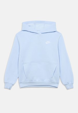 Sweat à capuche bleu clair en tissu doux, avec une poche kangourou et un logo Nike blanc sur la poitrine. Poignets et ourlet côtelés.
