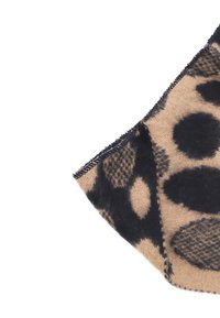 Sciarpa in lana beige con macchie e motivi astratti neri, caratterizzata da una finitura testurizzata e un bordo cucito nero a contrasto.