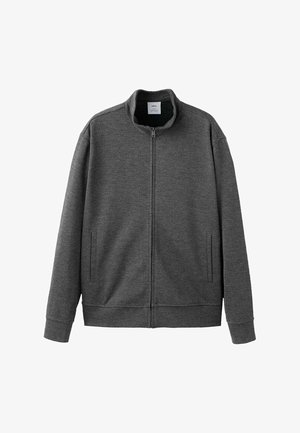 Chaqueta gris con cremallera hecha de tela suave, con cuello alto, dos bolsillos laterales y puños y dobladillo acanalados.
