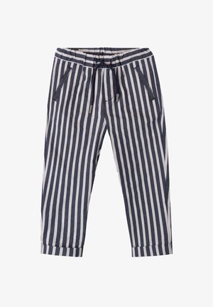 Striped pants with navy and white vertical stripes, featuring a drawstring waist, side pockets, and rolled cuffs. Made of lightweight fabric.