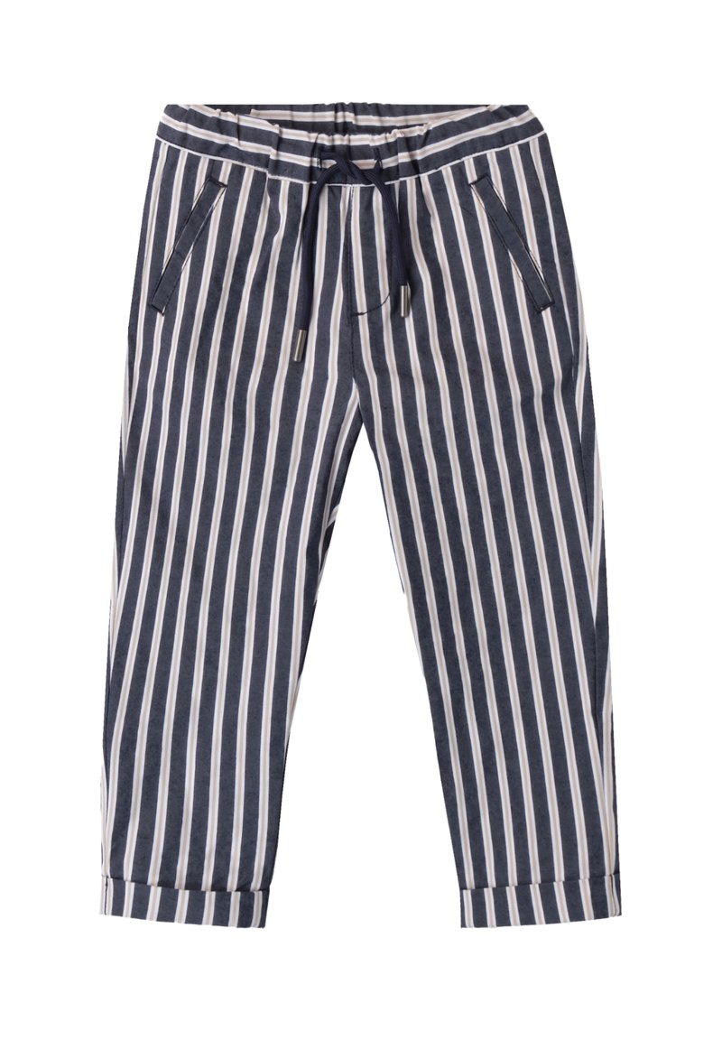 Pantaloni a righe con strisce verticali blu navy e bianche, dotati di un elastico in vita, tasche laterali e orli arrotolati. Realizzati in tessuto leggero.
