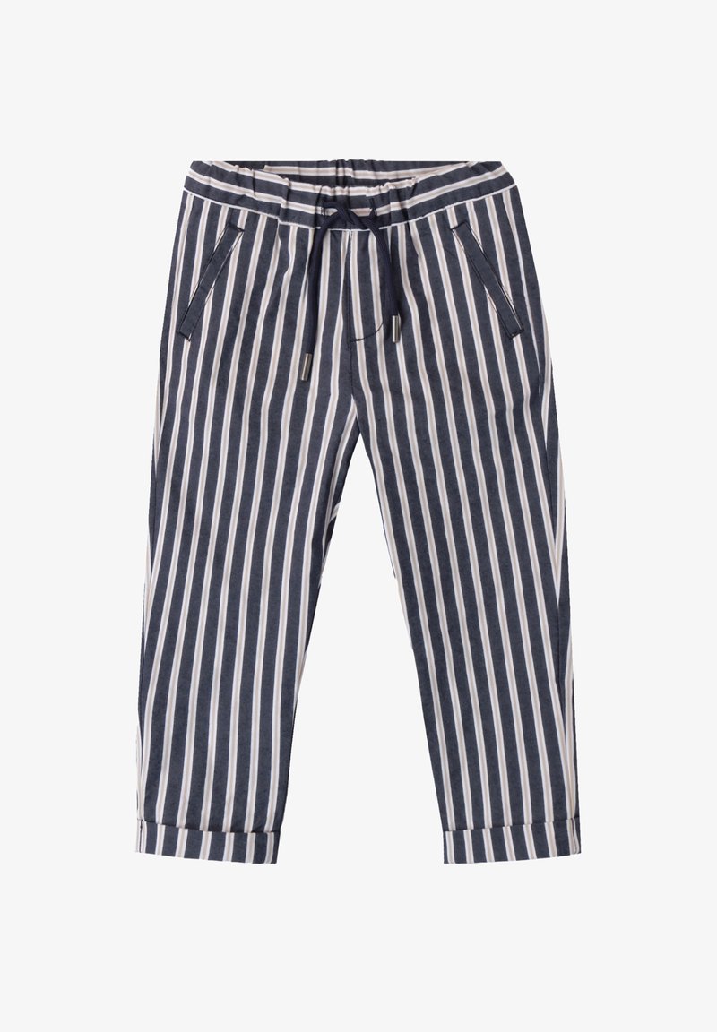 Pantaloni a righe con strisce verticali blu navy e bianche, dotati di un elastico in vita, tasche laterali e orli arrotolati. Realizzati in tessuto leggero.