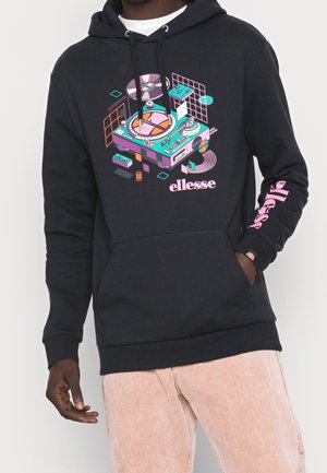Black hoodie with a colorful graphic illustrating a turntable design. Features drawstrings, ribbed cuffs, and a kangaroo pocket.