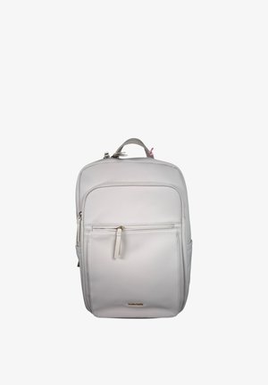 Zaino bianco minimalista con un unico scomparto principale con zip, tasca frontale con zip, tasche laterali e manico superiore per il trasporto su sfondo bianco.