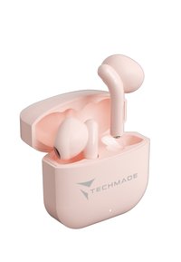 Des écouteurs sans fil dans un étui de chargement arrondi rose pâle. Les écouteurs sont brillants, avec une finition lisse et un marquage subtil sur l'étui.